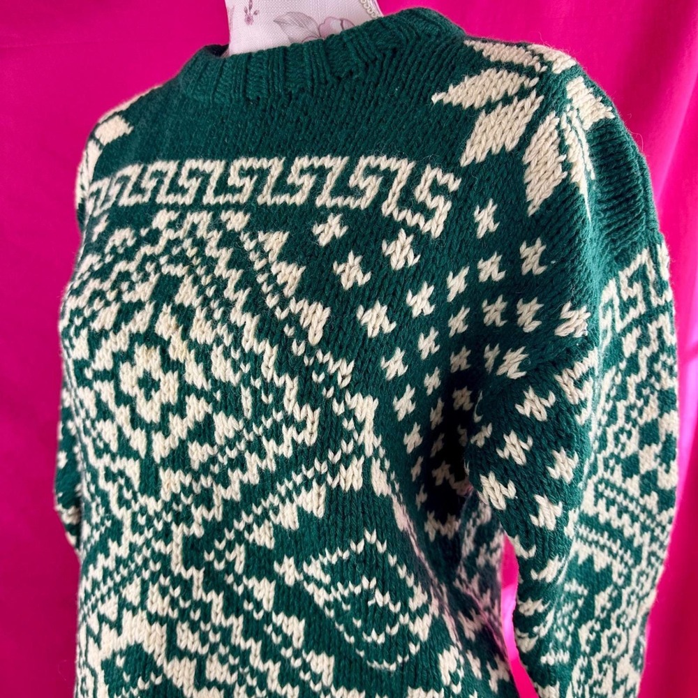 Vintage 100% Wool Chunky Knit Nordic Gap Sweater Green Fair‎ Isle Unisex Small